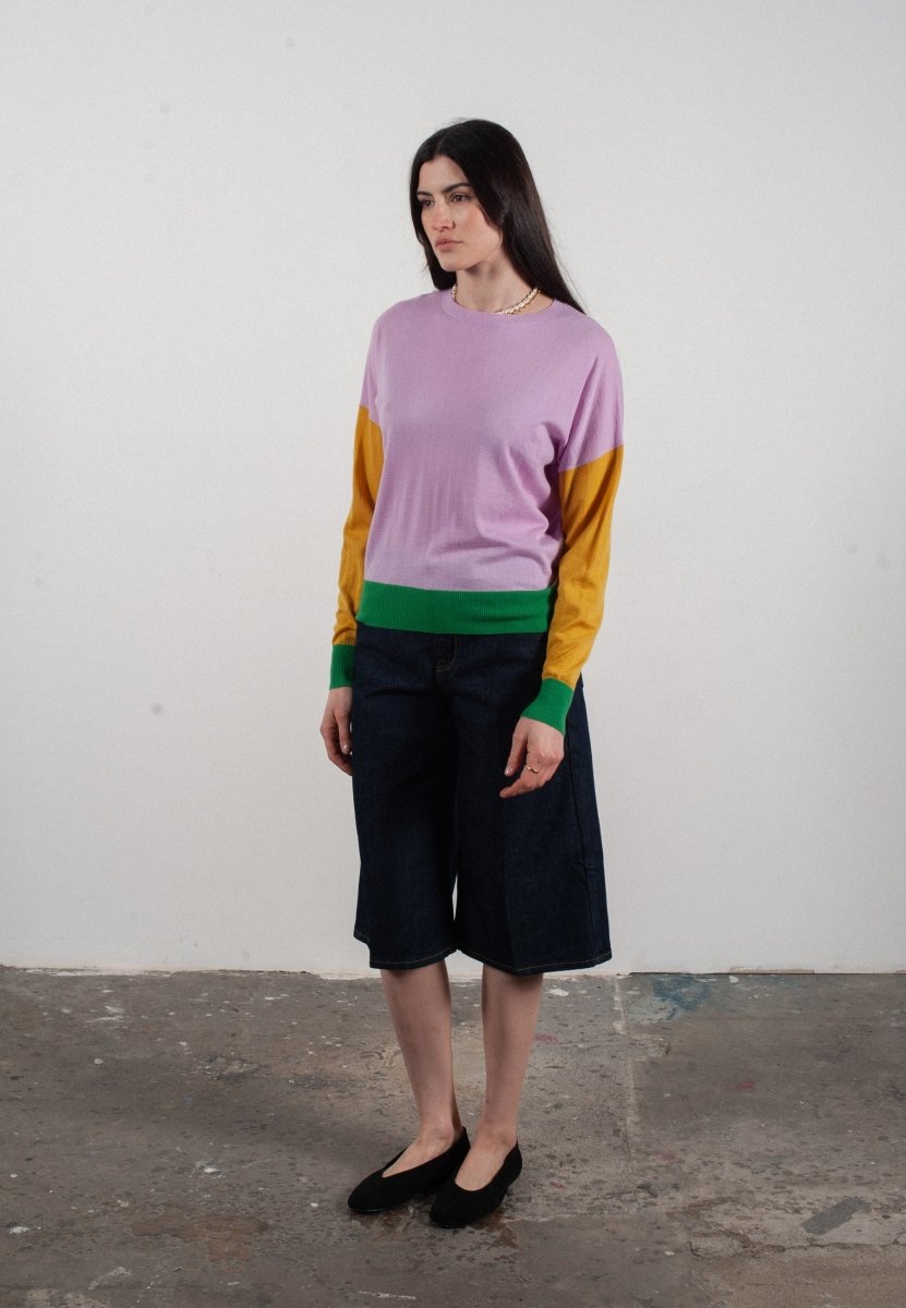 Pull col rond femme en cachemire & laine ultrafin lavande & jaune & vert - KELLY 9