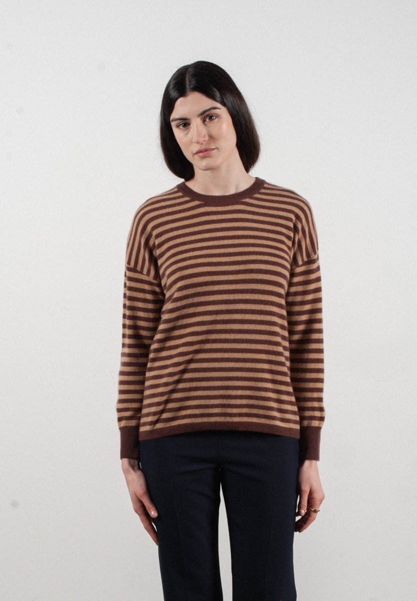 Pull col rond femme en cachemire rayures marron & camel - HANA 5