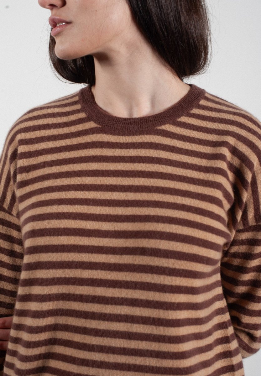 Pull col rond femme en cachemire rayures marron & camel - HANA 5