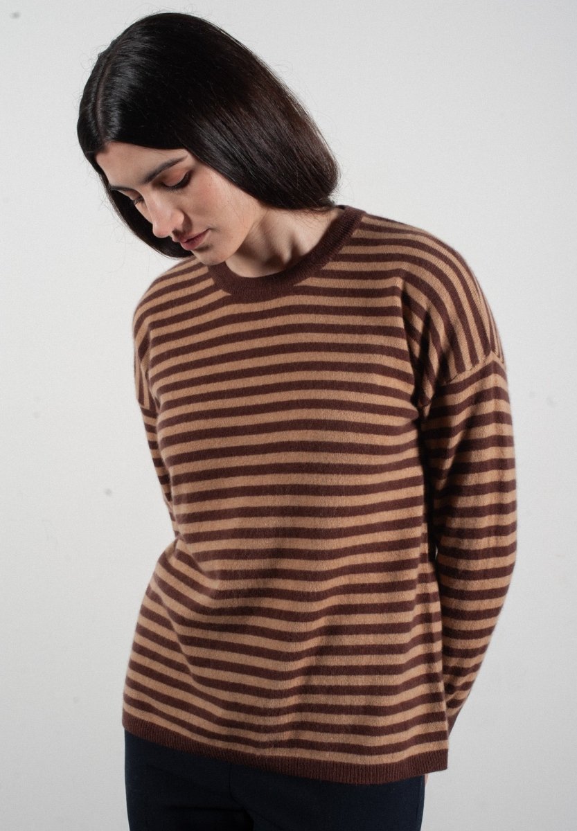 Pull col rond femme en cachemire rayures marron & camel - HANA 5