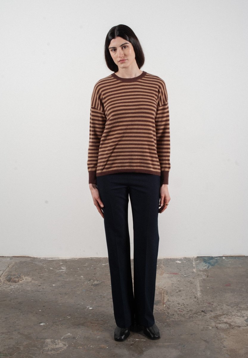 Pull col rond femme en cachemire rayures marron & camel - HANA 5
