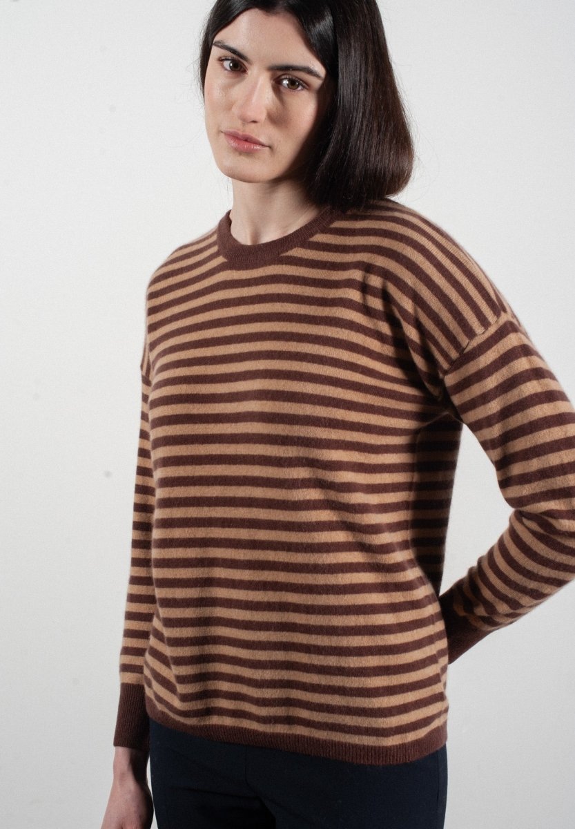 Pull col rond femme en cachemire rayures marron & camel - HANA 5