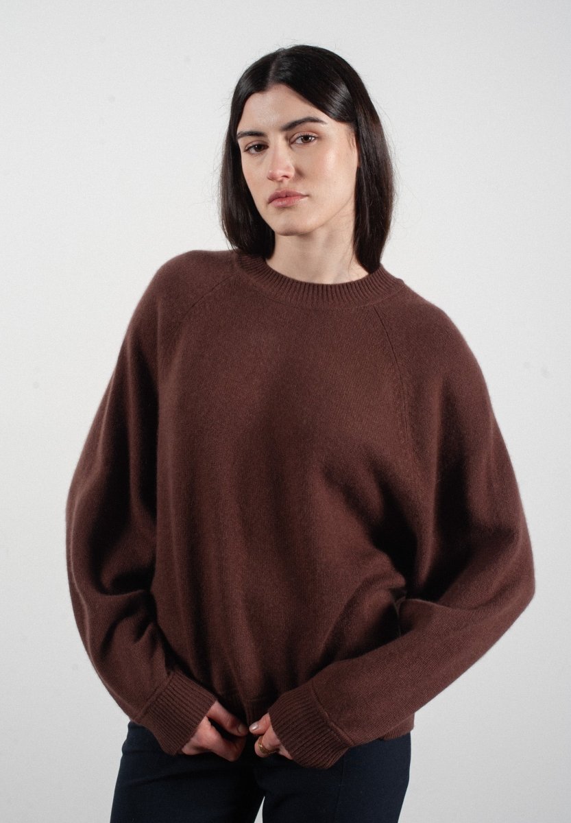 Pull col rond manches raglan femme en cachemire 4 fils marron - HANA 6