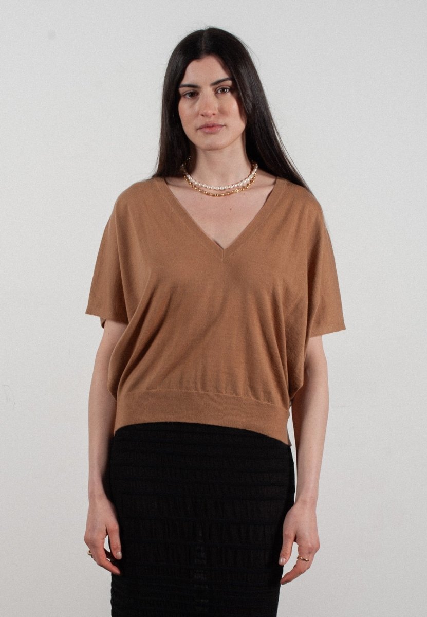 Pull col V à manches chauve souris femme en cachemire & laine ultrafin camel - KELLY 6