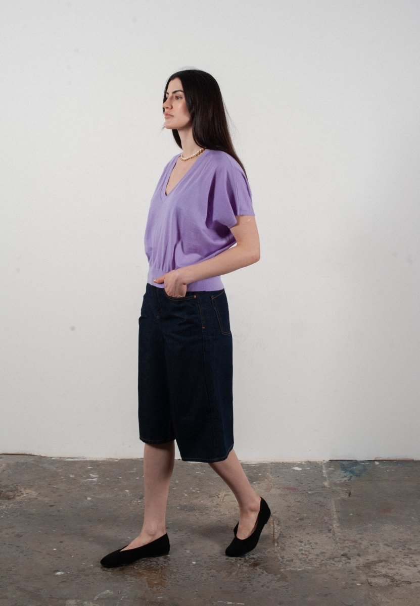 Pull col V à manches chauve souris femme en cachemire & laine ultrafin lavande - KELLY 6