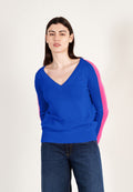 Pull col V femme en cachemire bleu pétrole & rose indien - RIA 1