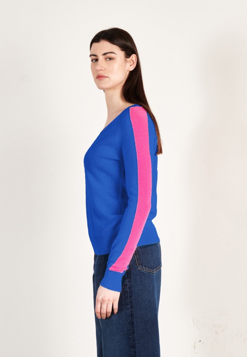 Pull col V femme en cachemire bleu pétrole & rose indien - RIA 1