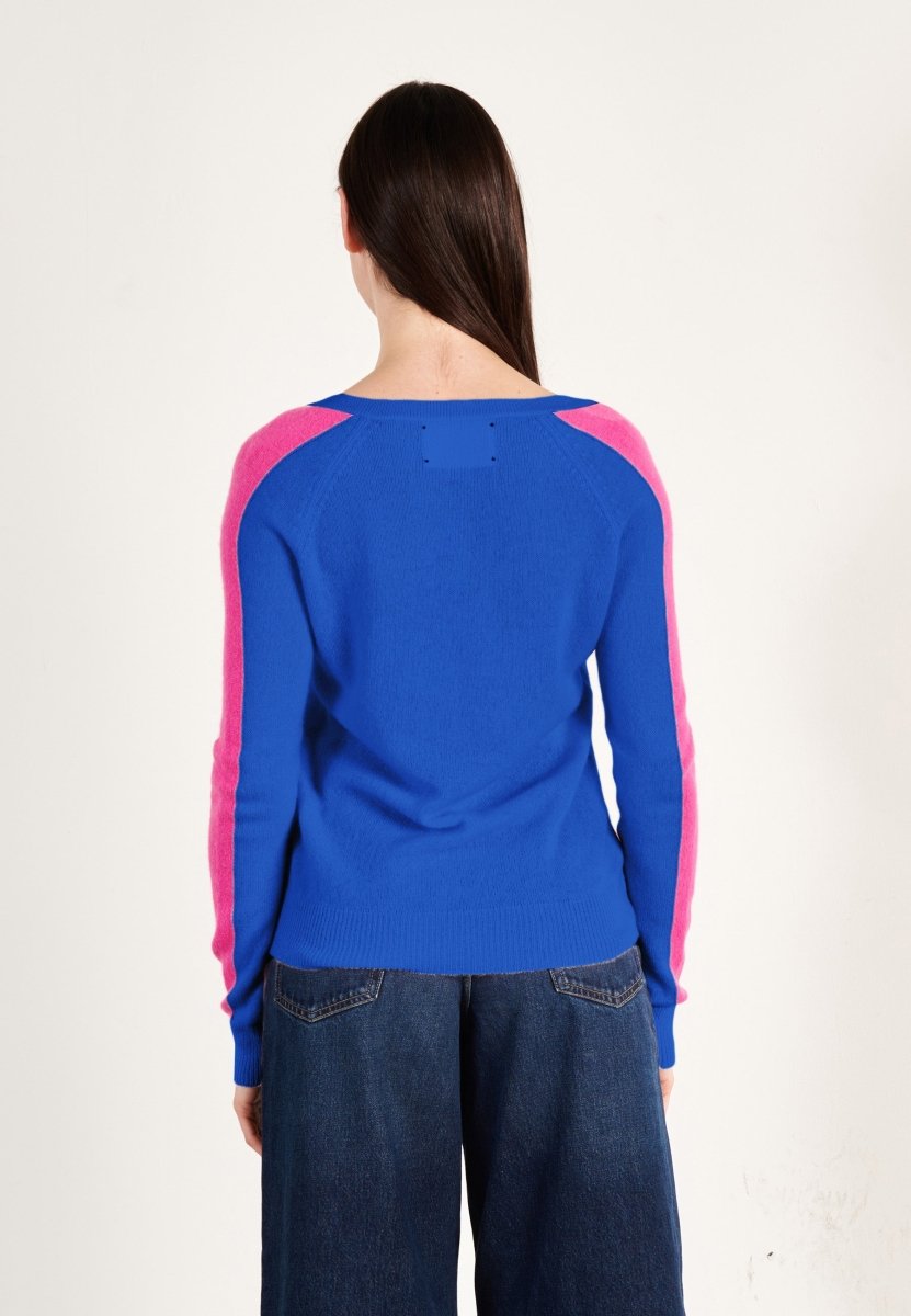 Pull col V femme en cachemire bleu pétrole & rose indien - RIA 1