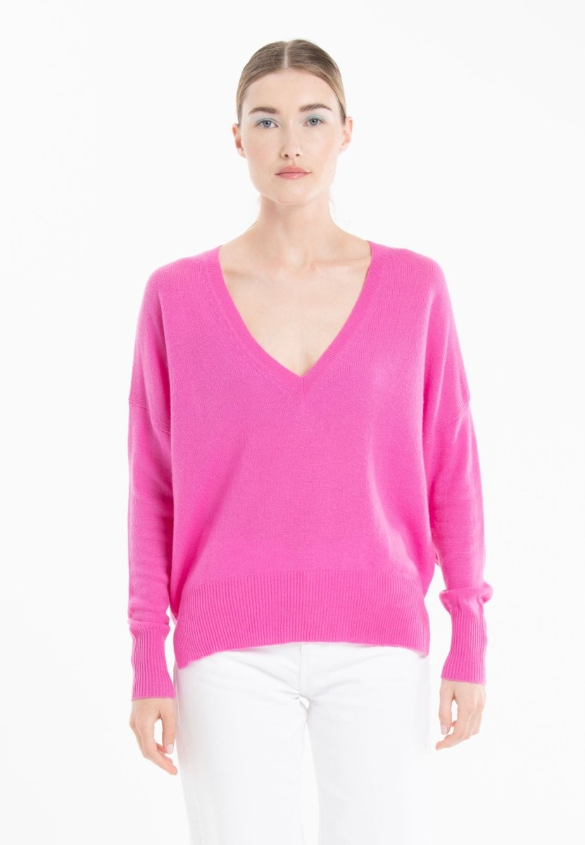 Pull col V femme en cachemire rose barbie - RIA 3