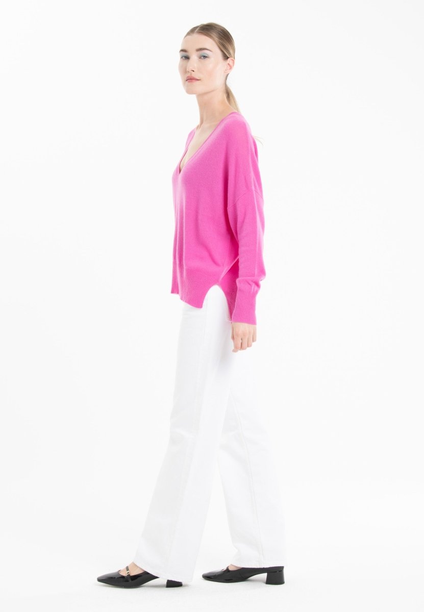 Pull col V femme en cachemire rose barbie - RIA 3