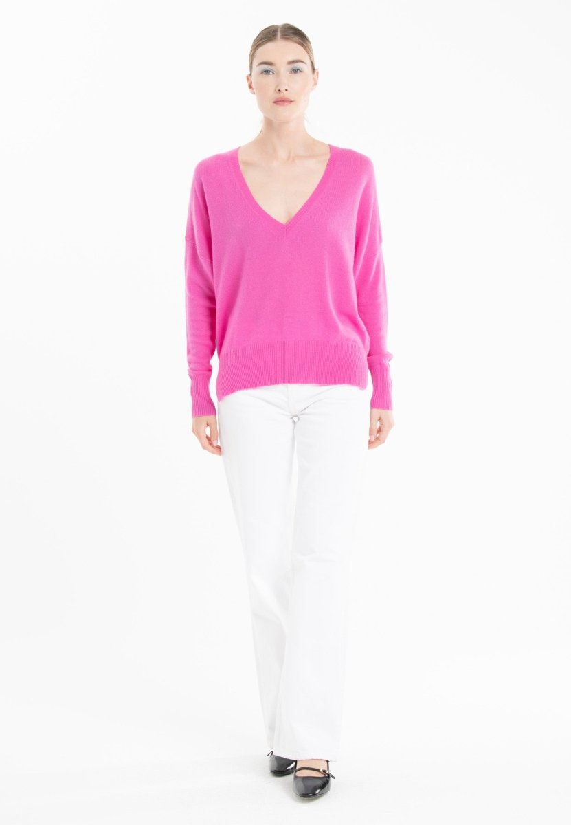 Pull col V femme en cachemire rose barbie - RIA 3