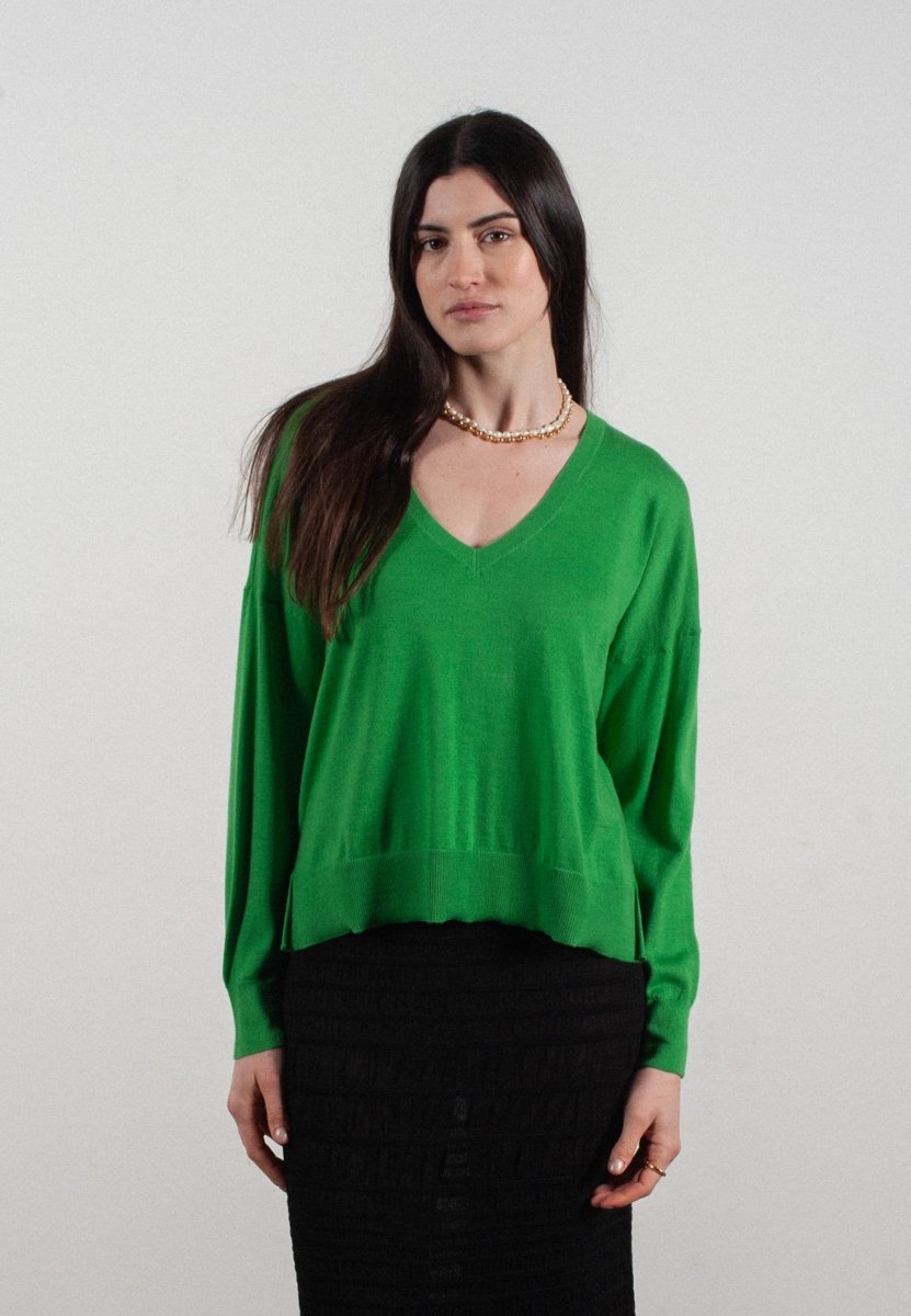 Pull col V femme en cachemire & laine ultrafin vert - KELLY 10