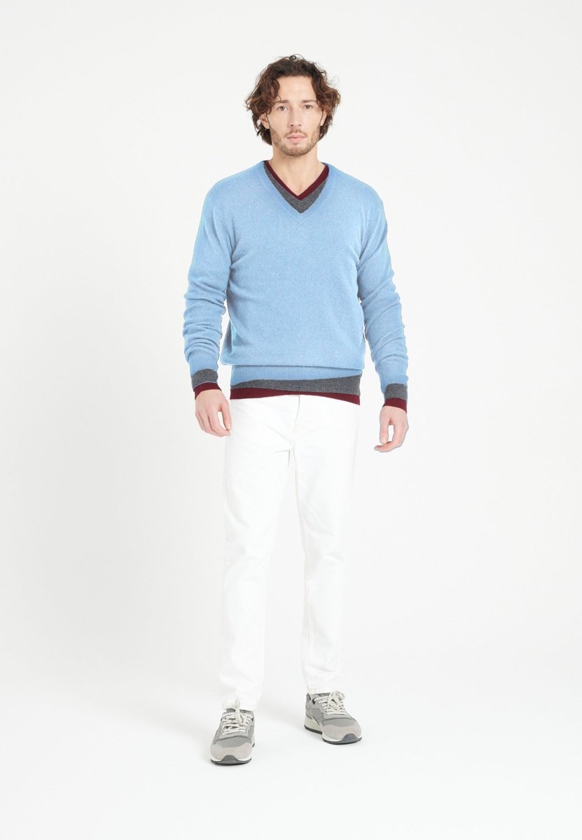 Pull col V homme en cachemire bleu ciel - LUKE 1