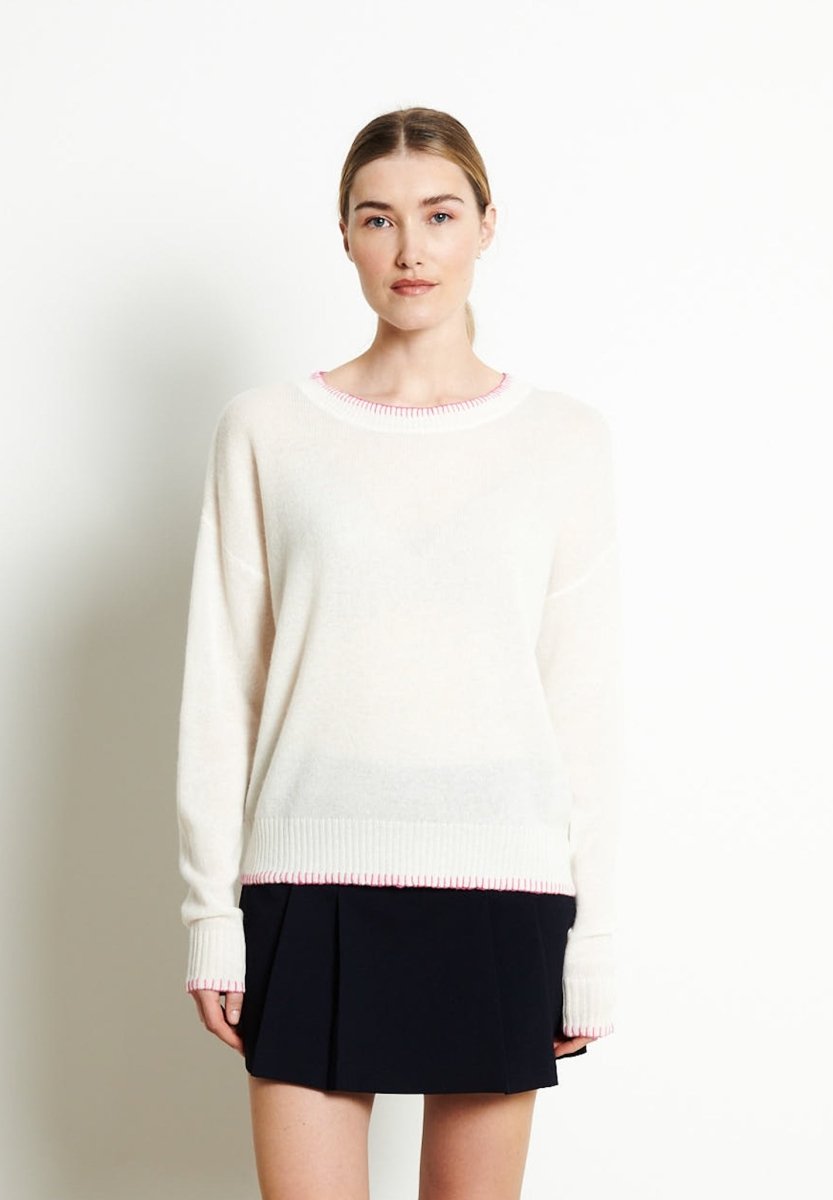 Pull col rond femme en cachemire blanc écru & rose indien - RIA 15