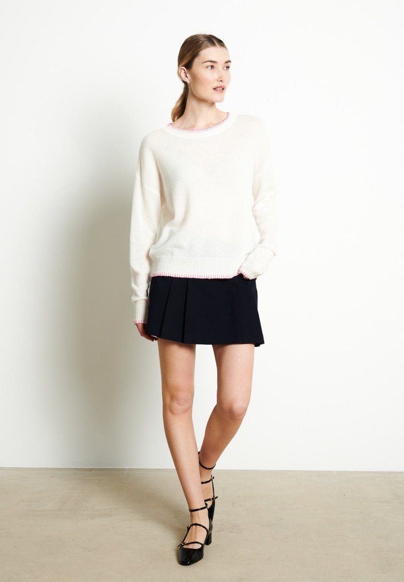 Pull col rond femme en cachemire blanc écru & rose indien - RIA 15