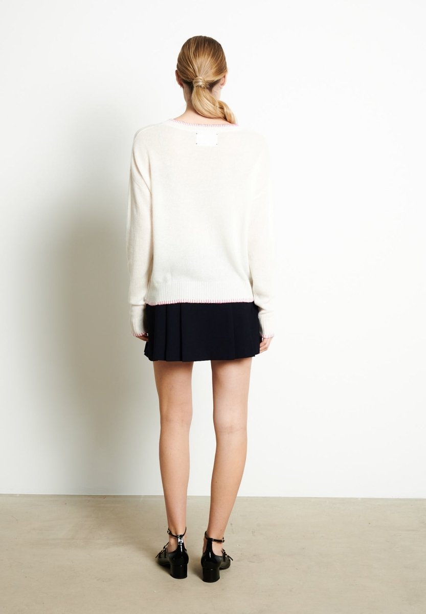 Pull col rond femme en cachemire blanc écru & rose indien - RIA 15