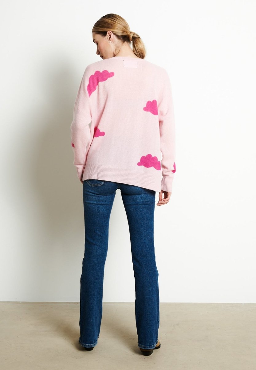 Pull col V femme en cachemire imprimé rose baby & rose indien - RIA 20