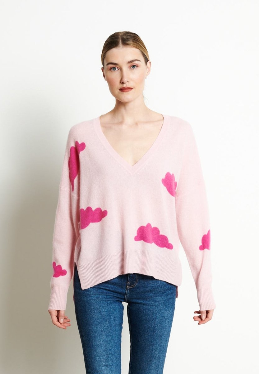 Pull col V femme en cachemire imprimé rose baby & rose indien - RIA 20
