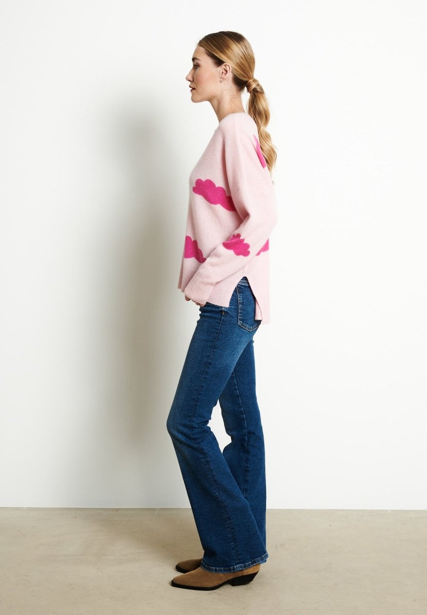Pull col V femme en cachemire imprimé rose baby & rose indien - RIA 20