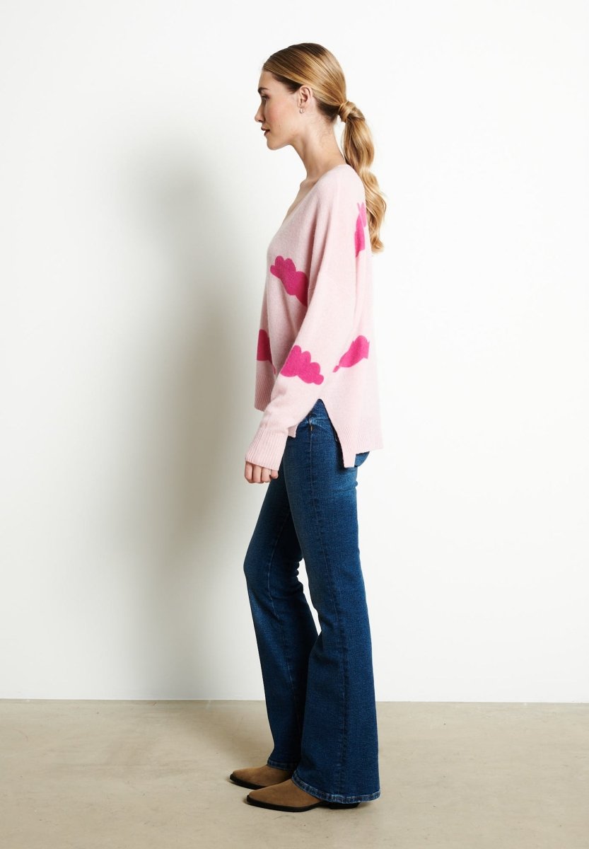 Pull col V femme en cachemire imprimé rose baby & rose indien - RIA 20