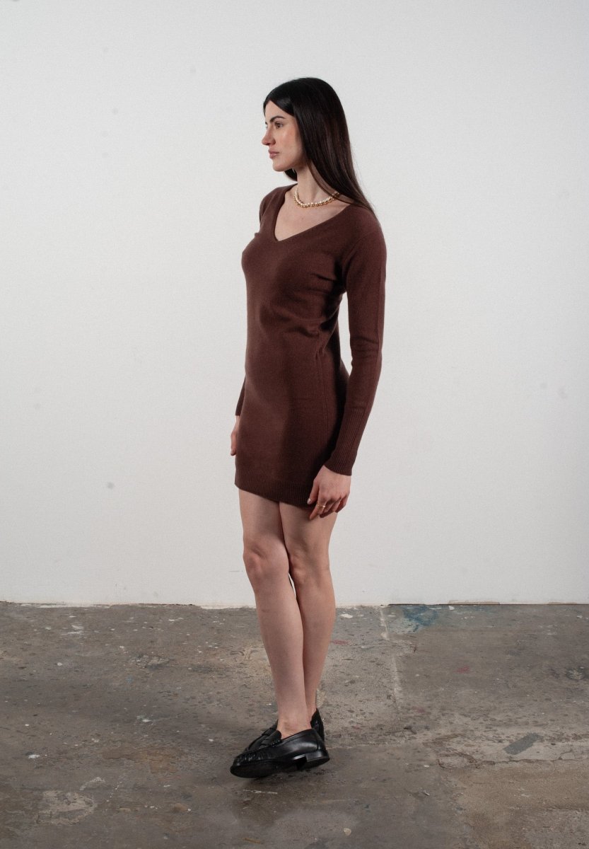 Robe col V femme en cachemire marron - LILLY 10