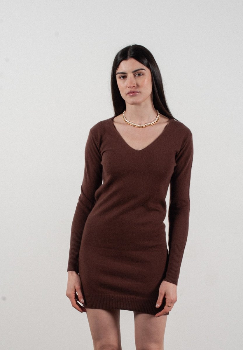 Robe col V femme en cachemire marron - LILLY 10