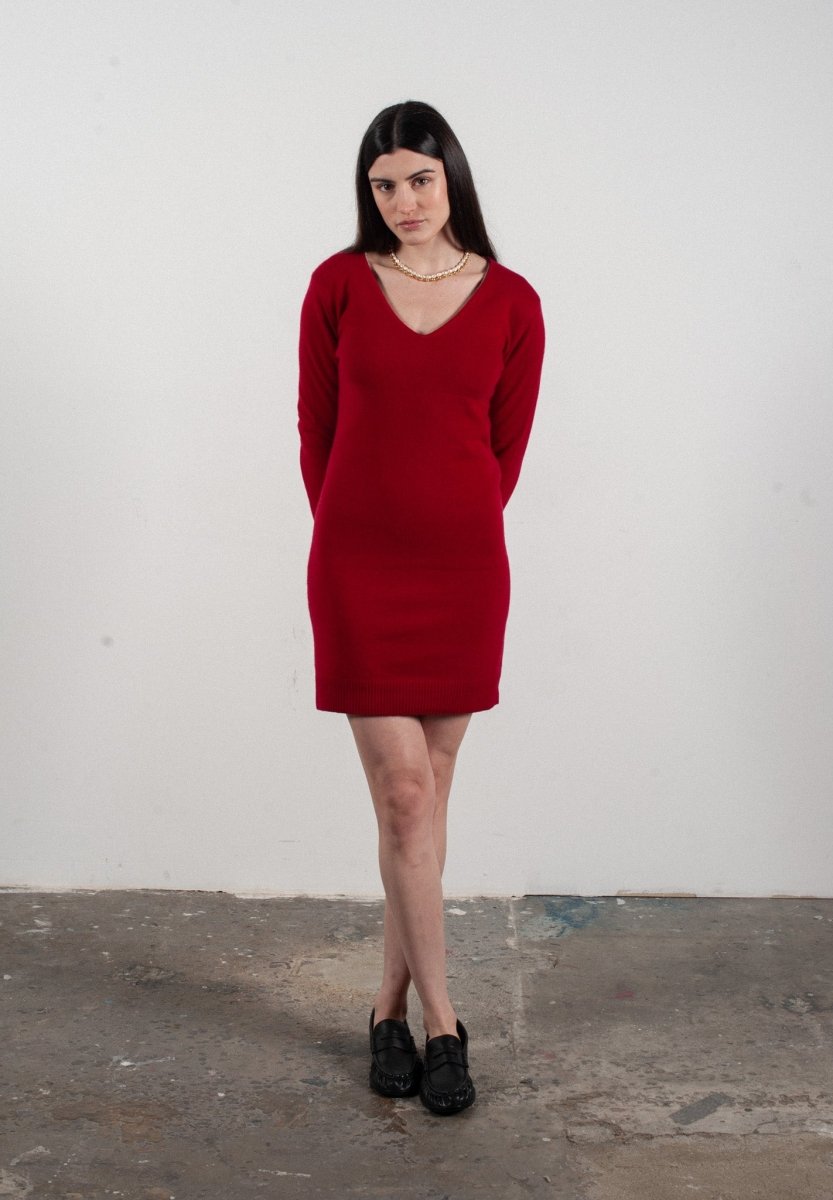 Robe col V femme en cachemire rouge - LILLY 10