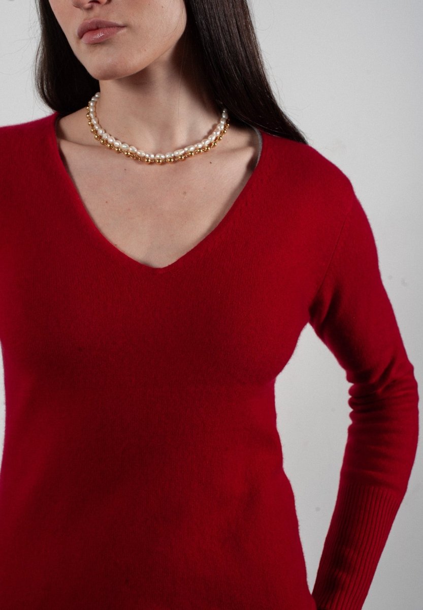 Robe col V femme en cachemire rouge - LILLY 10