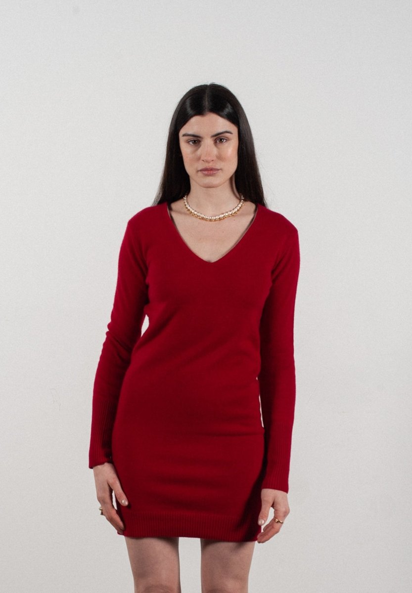 Robe col V femme en cachemire rouge - LILLY 10