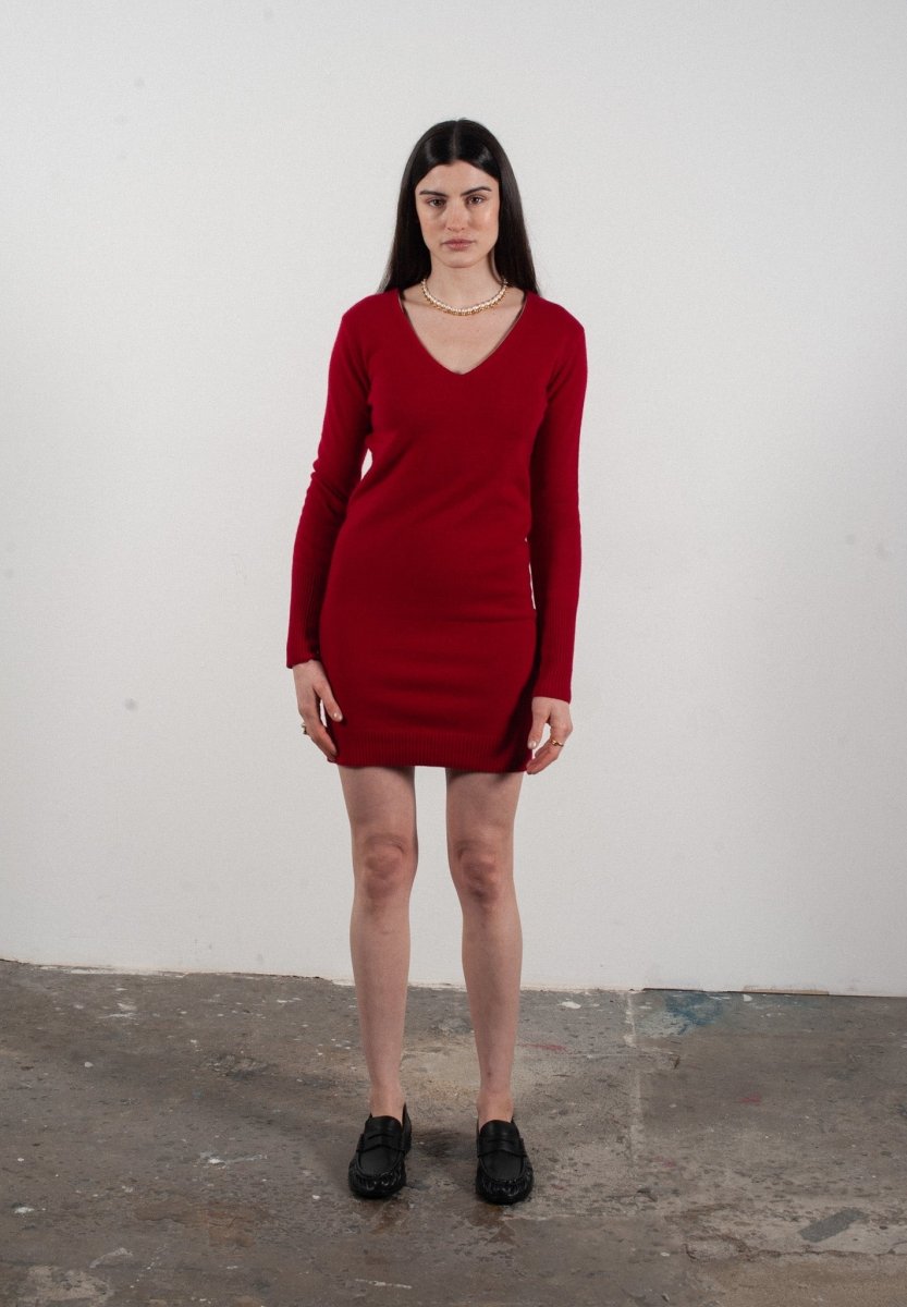 Robe col V femme en cachemire rouge - LILLY 10