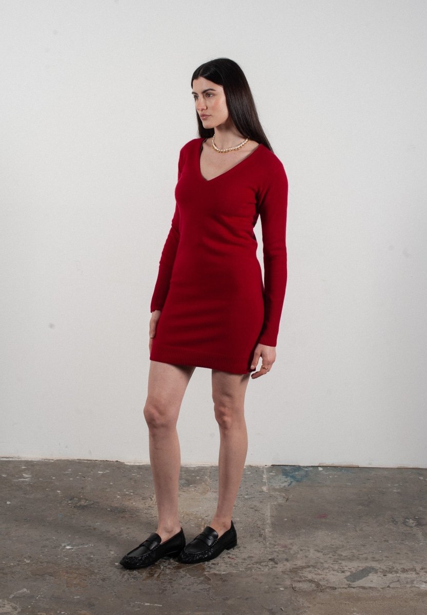 Robe col V femme en cachemire rouge - LILLY 10