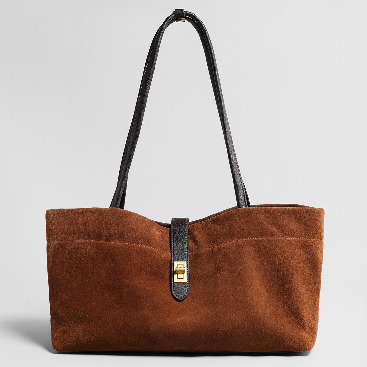 Sac cabas en daim à fermoir tournant – anses en cuir contrastées