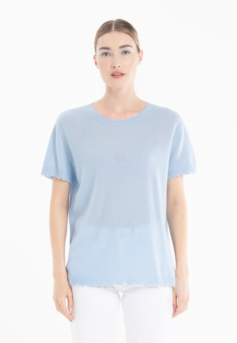 T-shirt col rond femme en cachemire déjaugé baby blue - AVA 6