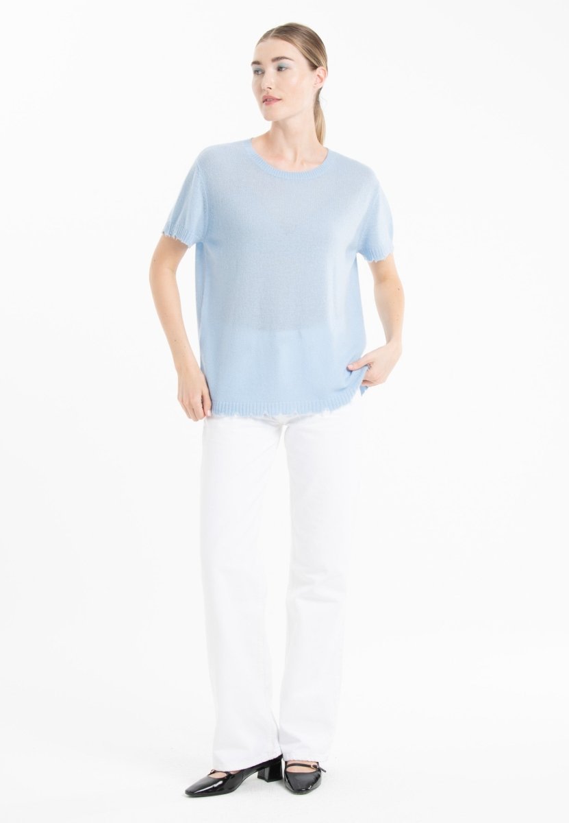 T-shirt col rond femme en cachemire déjaugé baby blue - AVA 6