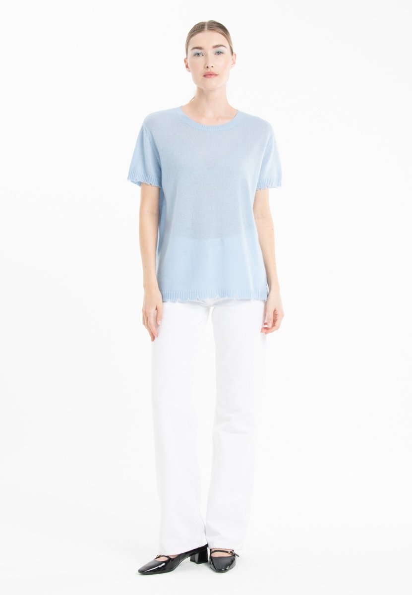 T-shirt col rond femme en cachemire déjaugé baby blue - AVA 6