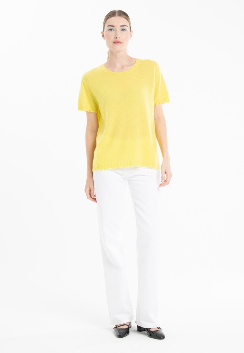 T-shirt col rond femme en cachemire déjaugé jaune fluo - AVA 6
