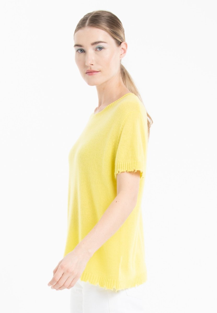 T-shirt col rond femme en cachemire déjaugé jaune fluo - AVA 6