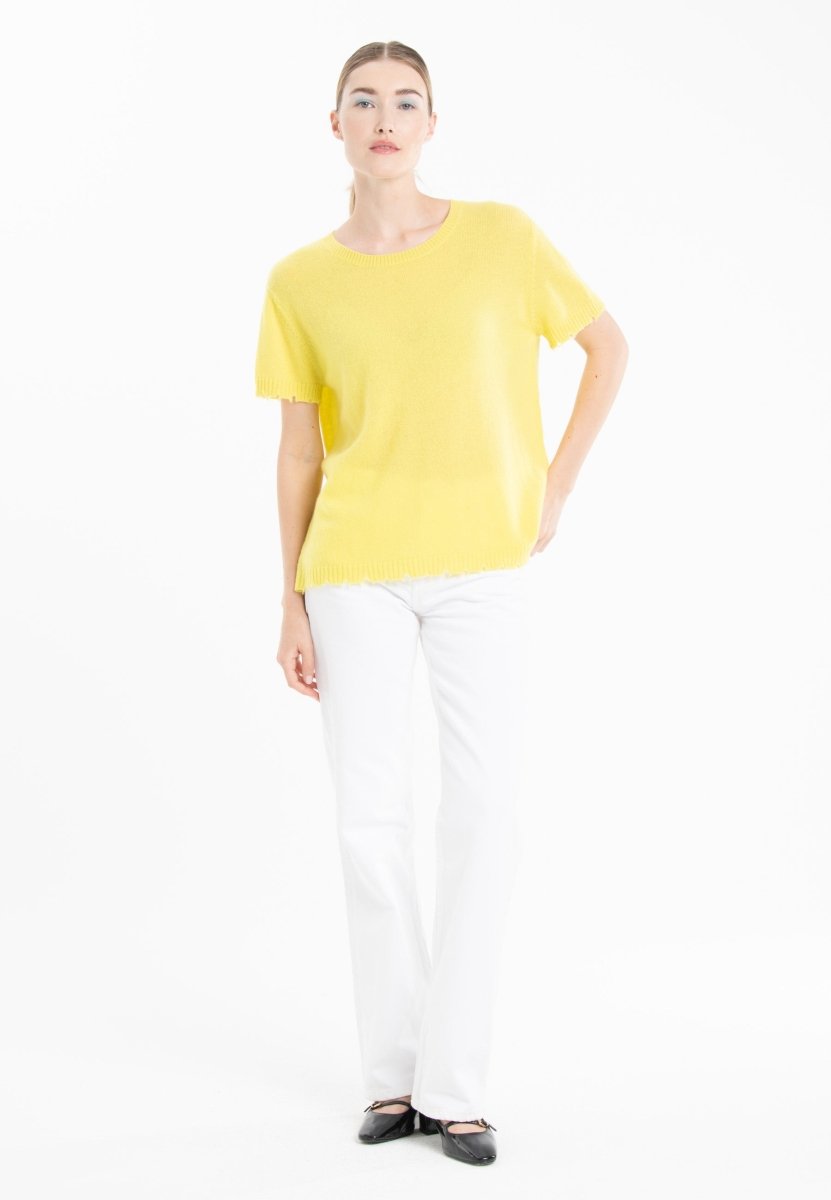 T-shirt col rond femme en cachemire déjaugé jaune fluo - AVA 6