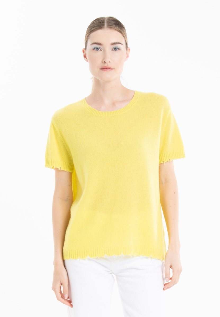 T-shirt col rond femme en cachemire déjaugé jaune fluo - AVA 6