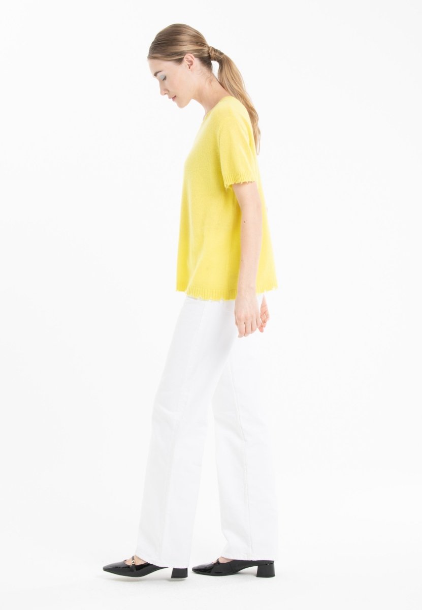 T-shirt col rond femme en cachemire déjaugé jaune fluo - AVA 6