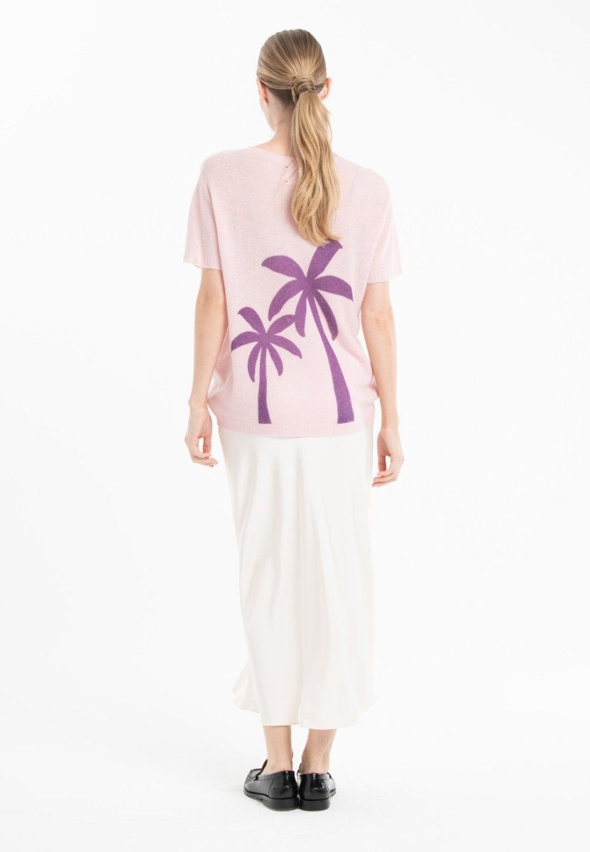 T-shirt col rond manches courtes femme en cachemire déjaugé rose baby & imprimé dans le dos - KELLY 14