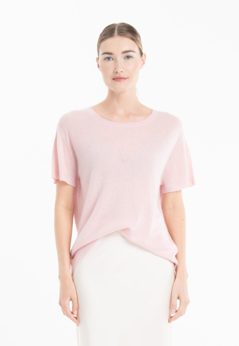 T-shirt col rond manches courtes femme en cachemire déjaugé rose baby & imprimé dans le dos - KELLY 14