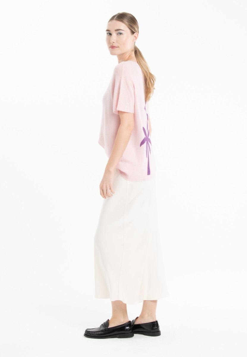 T-shirt col rond manches courtes femme en cachemire déjaugé rose baby & imprimé dans le dos - KELLY 14