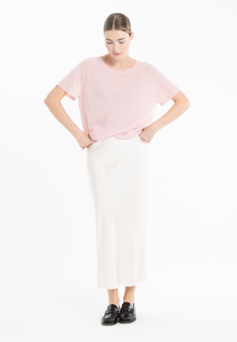 T-shirt col rond manches courtes femme en cachemire déjaugé rose baby & imprimé dans le dos - KELLY 14