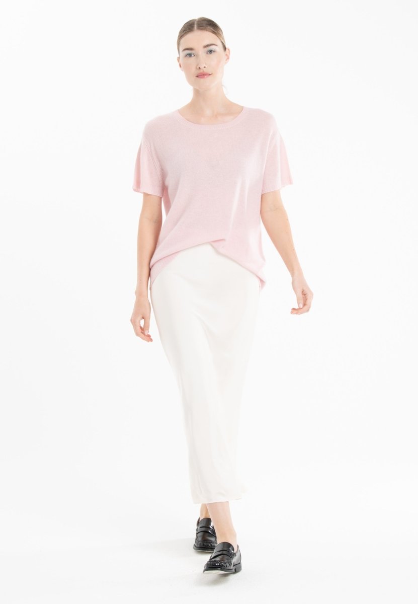 T-shirt col rond manches courtes femme en cachemire déjaugé rose baby & imprimé dans le dos - KELLY 14