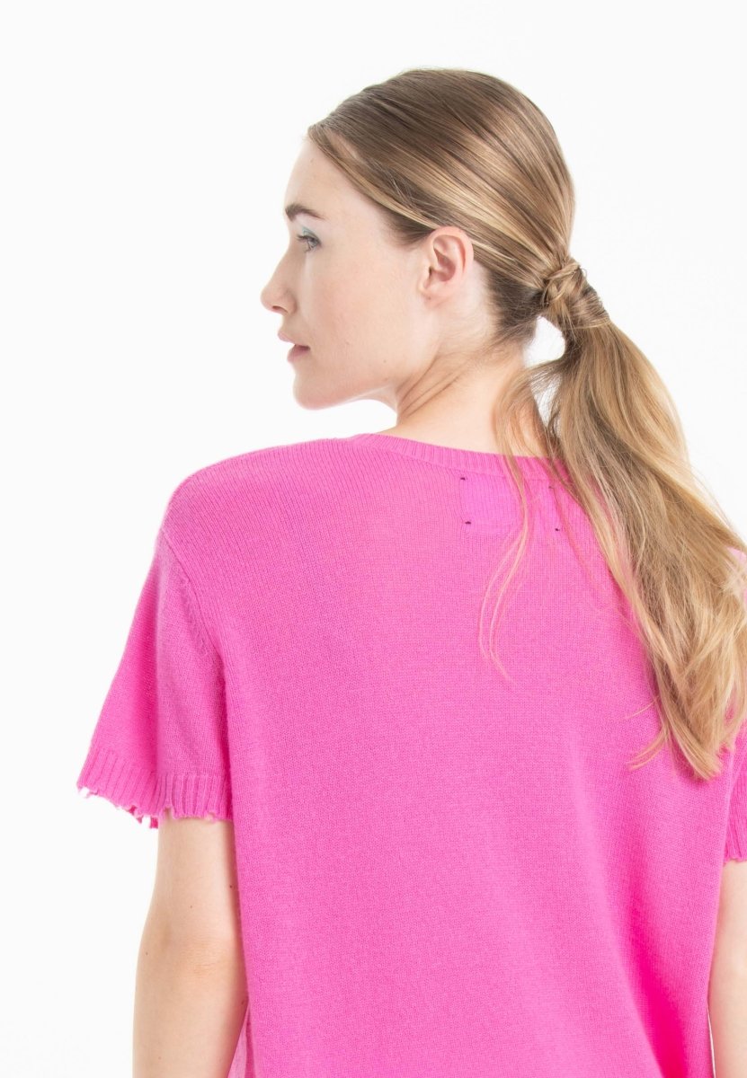 T-shirt col rond femme en cachemire déjaugé rose barbie - AVA 6
