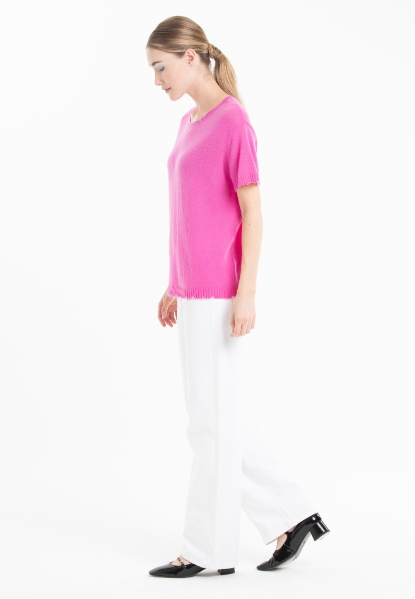 T-shirt col rond femme en cachemire déjaugé rose barbie - AVA 6