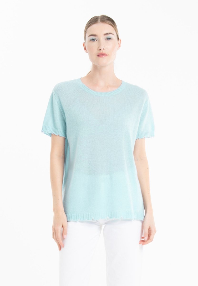 T-shirt col rond femme en cachemire déjaugé turquoise - AVA 6