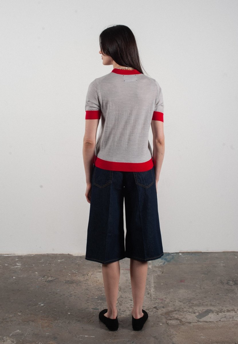 T-shirt col rond manches courtes femme en cachemire et laine ultrafin gris clair & rouge - FRIDA 7