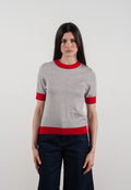 T-shirt col rond manches courtes femme en cachemire et laine ultrafin gris clair & rouge - FRIDA 7